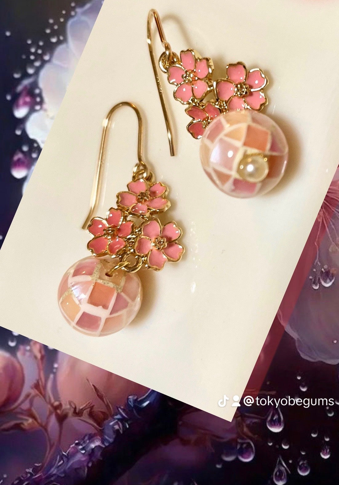 Mosaic shell and metal flower earrings モザイクシェルとメタルフラワーイヤリング TokyoBegums