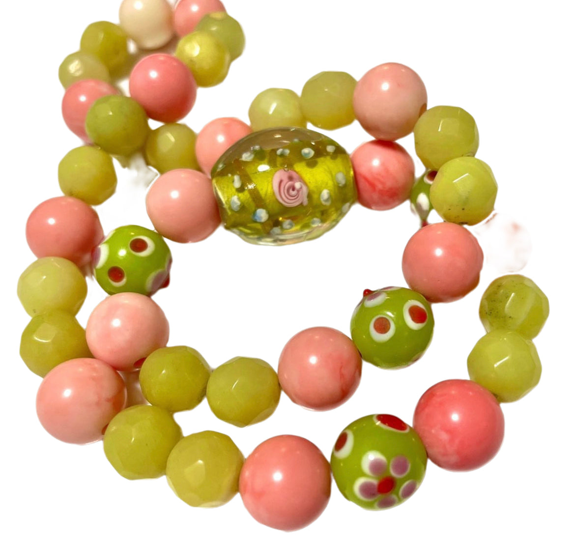 Fun combination of peach pink and green beads TokyoBegums
