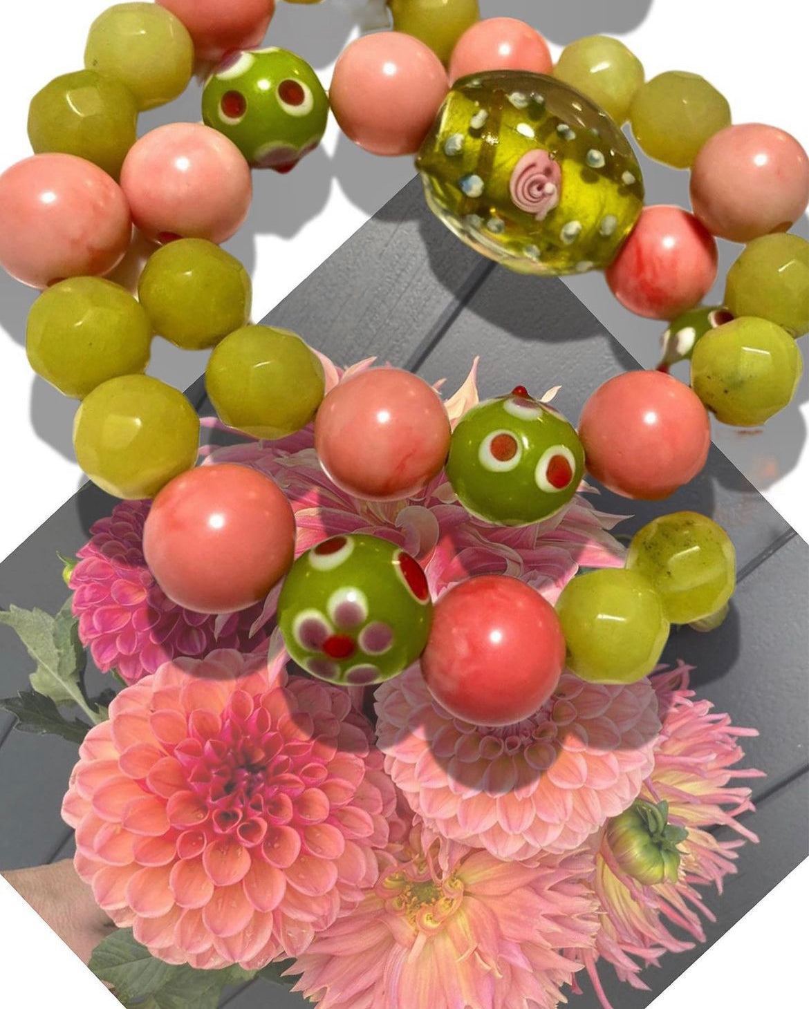 Fun combination of peach pink and green beads TokyoBegums