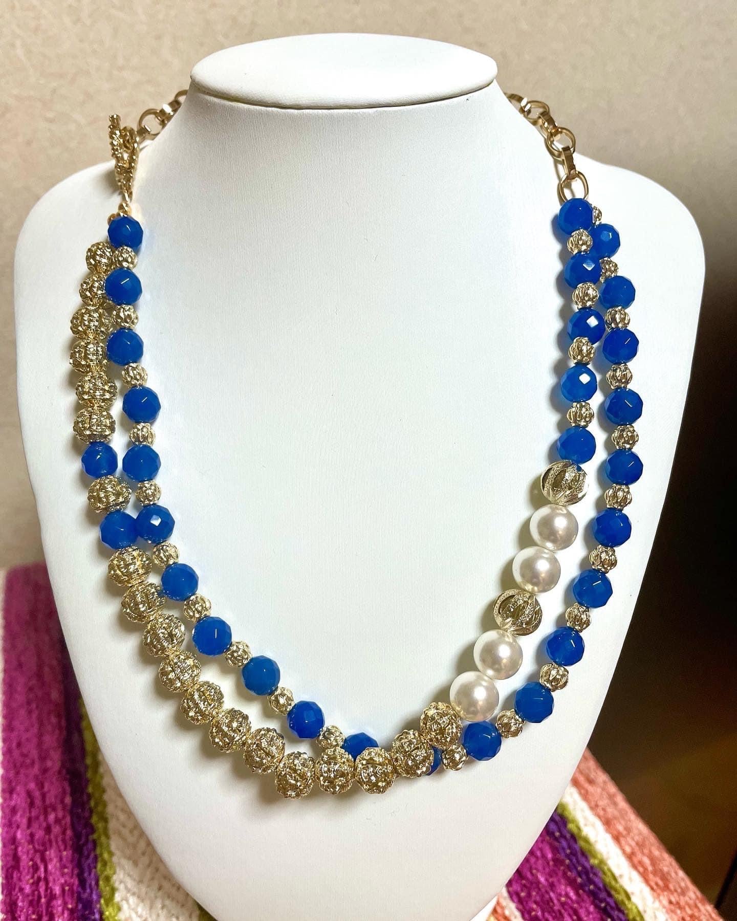 Blue and gold color beaded necklace