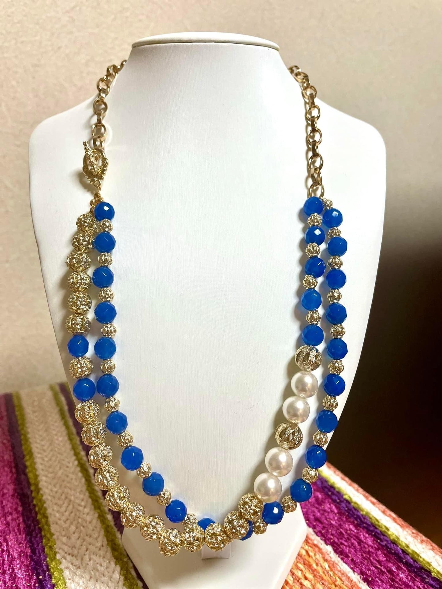 Blue and gold color beaded necklace